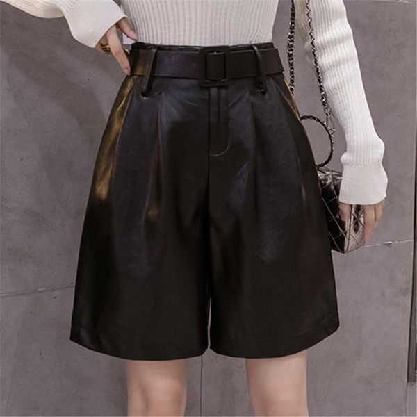 Shorts realeft 2021 novo inverno feminino shorts de couro do plutônio com cinto elegante bolsos de cintura alta casual pernas largas senhoras calças femininas