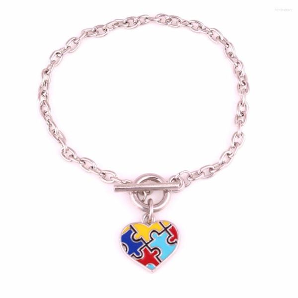 Braccialetti con ciondoli Drop Autismo Consapevolezza Gioielli Zinco Con Multi Smalto Speranza Cuore Pezzo Puzzle Toggle OT