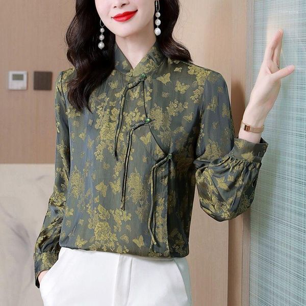 Ethnische Kleidung 2023 Chinesischer Stil Jacquard Cheongsam Bluse Lange Ärmel Stehkragen Frauen Grün Traditionelle Tangsuits Hemd