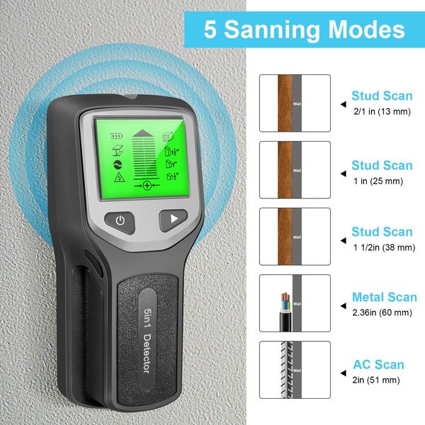 Boormachine 5-in-1-Bolzen-Metalldetektor, Wandscanner, AC-Holzfinder, LCD-Display, Kabel, Drähte, Tiefen-Tracker, elektrischer Kastenfinder, Wanddetektor