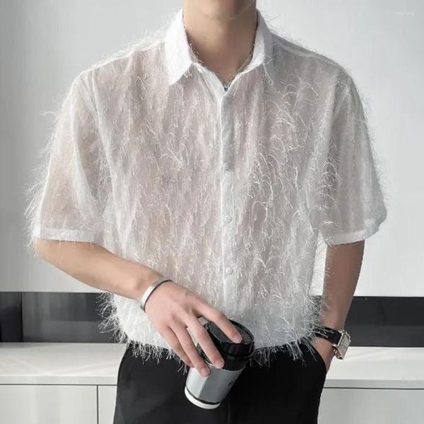 Camicie Casual da uomo Moda Camicia elegante bianca nera Uomo Nappa a rete cava da uomo Manica corta T-shirt allentata Camisa streetwear maschile