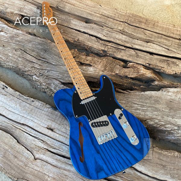 ACEPRO F-Loch Transparent Blau E-Gitarre, 20 mm massiver Eschenkorpus, gerösteter Ahornhals, Edelstahlbünde, verchromte Hardware