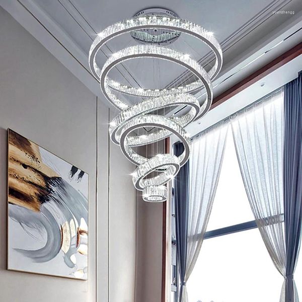 Kroonluchters Klassiek Luxe 7 Ringen Kristallen Kroonluchter Lange Trap Duplex Hal Modern Design Plafond Cristal Schorsing Villa Lobby Glans