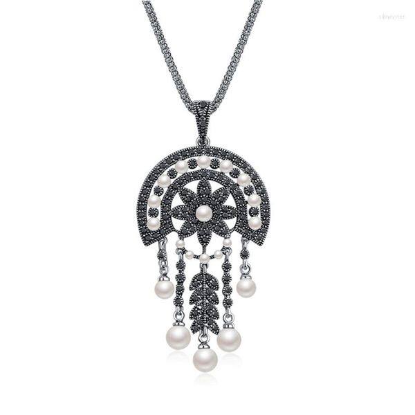 Подвесные ожерелья ajojewel смоделировать жемчужное ожерелье кисточки винтажное стиль ретро черный хрустальный цветок дизайн хороший подарок