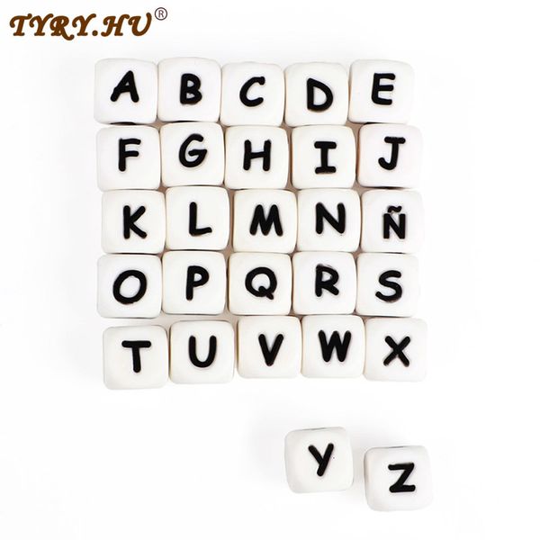 Baby Beißringe Spielzeug TYRY.HU 100 Stücke Alphabet Silikon Perlen 12mm BPA-Frei Buchstaben Perlen Für Schnuller Kette DIY Zubehör Holz perlen Baby Beißring 230617