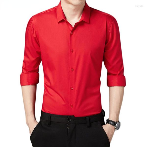Мужские повседневные рубашки красные мужские платья бренд с длинным рукавом бамбуковый волокно растягивание мужчина мужская химиса не железное легкое уход Формальная деловая свадьба