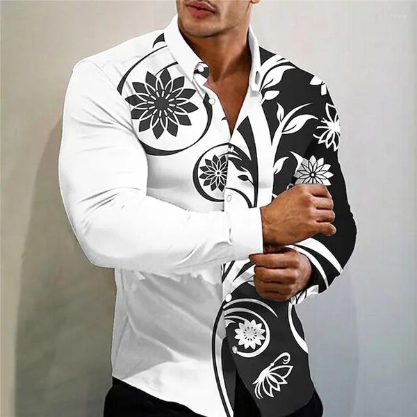 Camisas casuais masculinas de luxo, moda superdimensionada para homens, botão de impressão de flores, blusas de manga comprida, roupas masculinas, férias e blusas