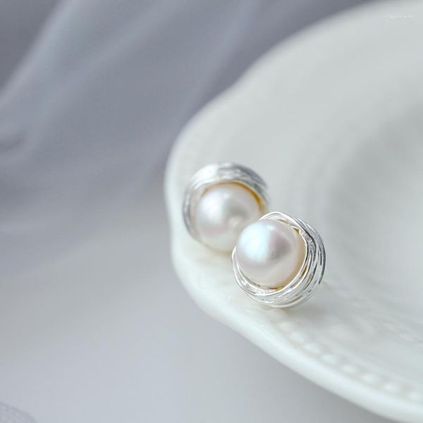 Orecchini a bottone Autentico argento sterling 925 Moda donna 8mm Orecchino di perla d'acqua dolce naturale Per regalo di gioielleria femminile per la festa nuziale