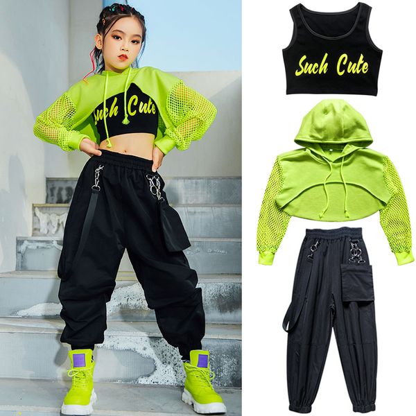 Dancewear Jazz Traje Hip Hop Girls Clothing Green Tops Net Sleeve Black Hip Hop Pants For Kids Performance Modern Dance Clothes BL5311 230617