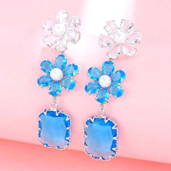 Brincos Pendentes Jimbora Luxo Azul Rosa Zircão Forma de Gota Boho Para Mulheres Moda Noivado Jóias Pedra de Cristal Longa Roxa