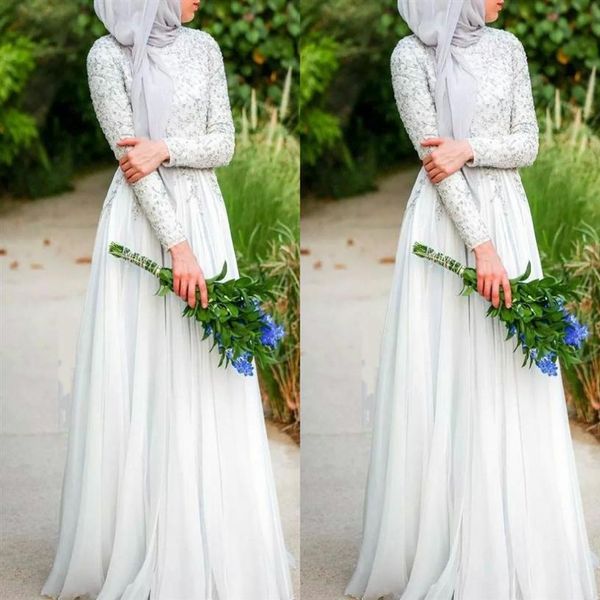 Vestidos de Noiva Muçulmanos Com Hijab Simples Puro Branco Cristais Frisados Decote Alto Manga Longa Chiffon Vestido de Noiva Islâmico311s