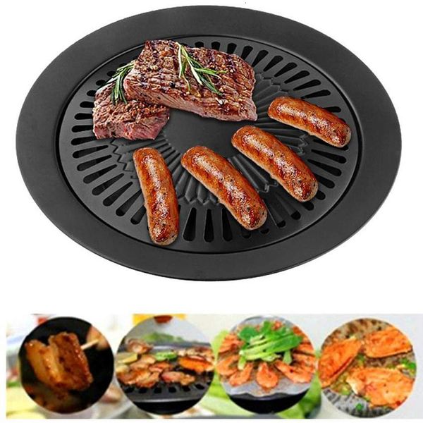 Accessori per utensili per barbecue 1 Pz Piastra per barbecue coreana Piastra per barbecue in ferro tondo Piastra per fornello a gas antiaderente senza fumo Set di utensili per arrostire per barbecue 230617