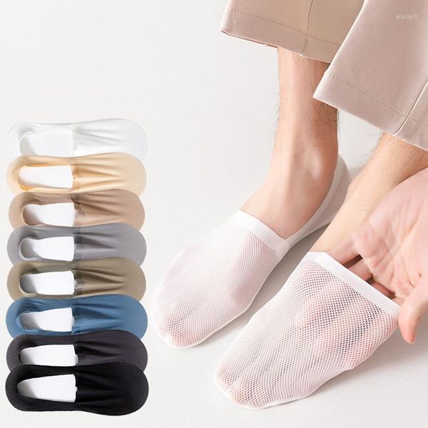 Meias masculinas verão masculinas de seda gelo invisível corte baixo barco respirável casual sólido curto antiderrapante fino no show chinelo sox