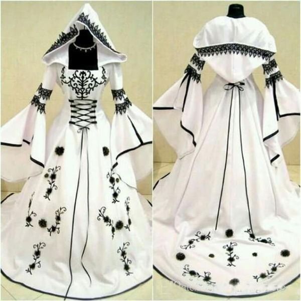 Abiti da sposa celtici in bianco e nero con cappello A Line Abiti da sposa unici con squisito corsetto ricamato Top Custom Made277z