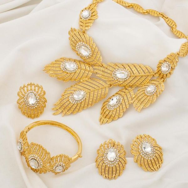 Orecchini collana set gioielli donna nigeriana moda matrimonio oro 18k colore rame braccialetto anello regalo ciondolo piuma occhio