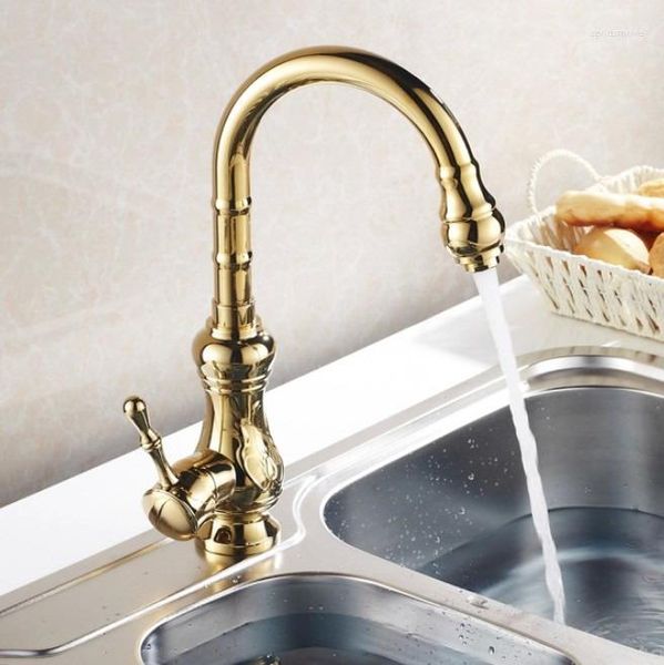 Rubinetti per lavabo da bagno Ottone color oro Modello artistico intagliato Lavabo da cucina Rubinetto girevole Miscelatore Rubinetto Montaggio a ponte Maniglia singola Un foro Msf068