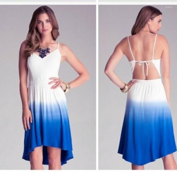 Lässige Kleider Kleid Sommer 2023 Weiß-blauer Farbverlauf Halter Frau mit kurzer Vorderseite und langem Rücken Böhmische Damenkleidung