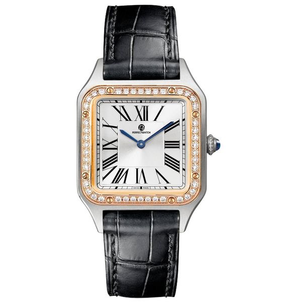 Relógio masculino designer de alta qualidade moda negócios retângulo subindo relógio de ouro pulseira de couro movimento de quartzo safira vidro caixa de relógio de luxo