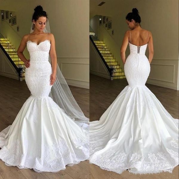 Sexy senza spalline abito da sposa sirena corsetto indietro motivo floreale pizzo raso 2021 splendidi abiti da sposa personalizza taglie forti230m