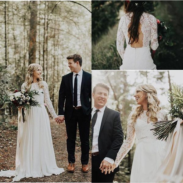 2019 Günstige Vintage Country Brautkleider mit langen Ärmeln Spitze Reißverschluss hinten Sexy Brautkleider nach Maß302U