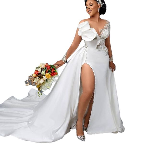 Elegante einfache Meerjungfrau Sexy Brautkleider Elfenbein muslimische Brautkleider für die Braut Satin Spitze mit langen Ärmeln Vestidos De Novia