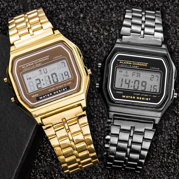 Другие часы 2pcs Fashion Digital Men's Watches Gold Luxury Staine Steel Link Bracelet Berist Watch Band Business Электронные мужские часы 230619