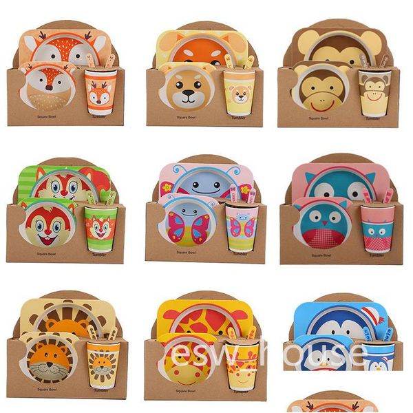 Set di stoviglie Fibre di bambù organico naturale Set di stoviglie per bambini Cartoon Design Baby Posate Piatti Ciotole Tazze Cucchiai Forchetta Drop Dhjwu