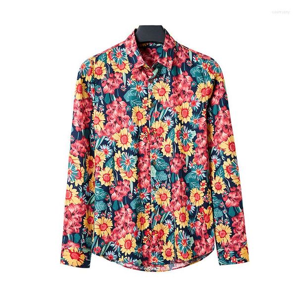 Camisas casuais masculinas, meninos, camisa flor primavera, botão, manga longa, peito, estampa floral, masculina, moda praia havaiana, tamanho grande 5xl