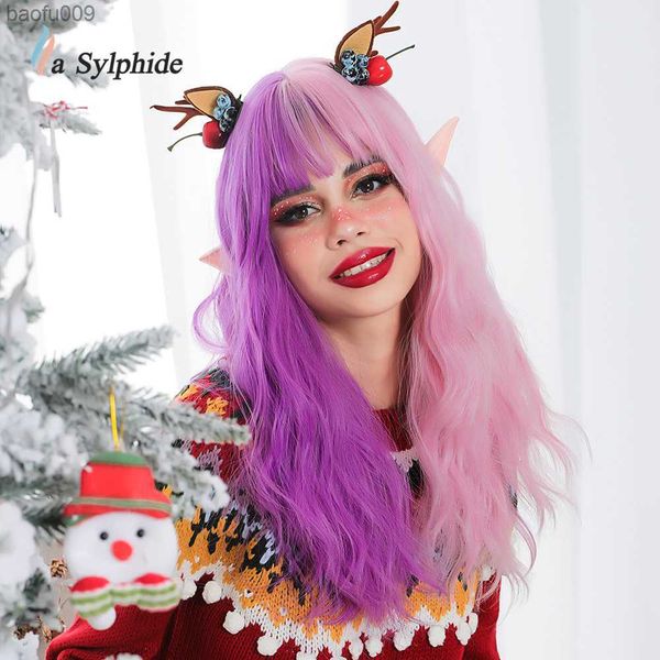 La Sylphide Parrucca Cosplay Natale Viola Mezza rosa Parrucche sintetiche per capelli con frangia per parrucche resistenti al calore donna bianca nera L230520