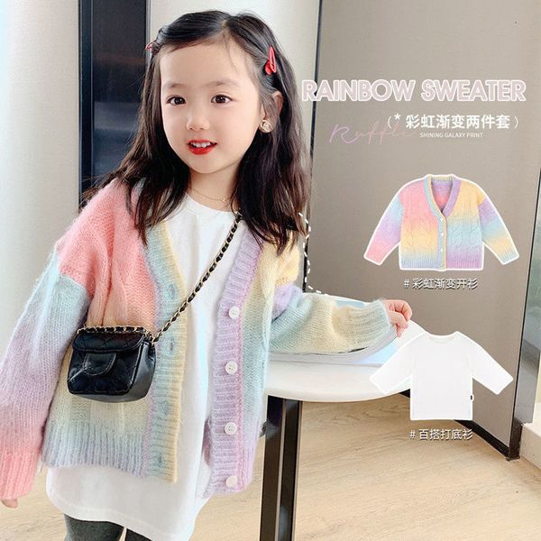 Pulôver menina 2023 gradiente cardigan malha crianças outono doce kawaii arco-íris casaco crianças coreano botão para baixo camisa cardigen TP153 230619