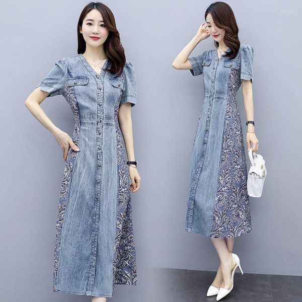 Abiti da festa Abito da donna in denim con giunture in chiffon floreale estivo femminile Temperamento da donna Moda casual Vita alta Mostra copertura sottile della pancia Lunga