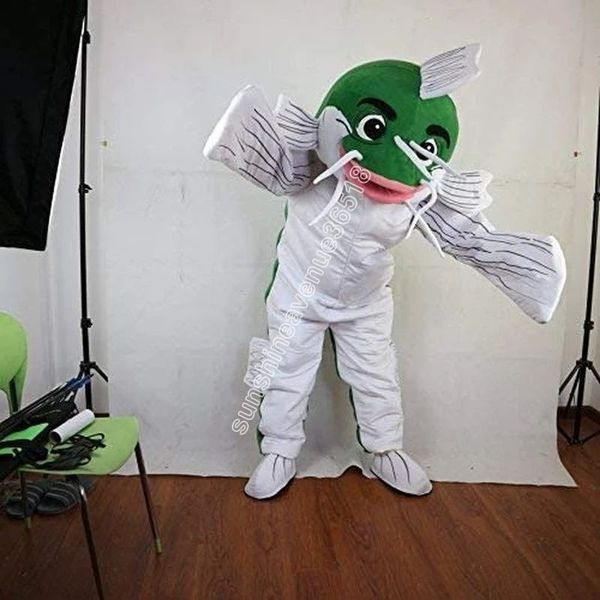 Traje de mascote de peixe verde de desempenho Top Personagem de tema de anime dos desenhos animados Carnaval Unissex Adultos Tamanho Festa de aniversário de Natal Roupa ao ar livre Terno