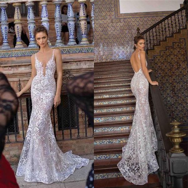 Berta Full Renda Sereia Vestidos de Noiva Sexy Decote em V Sem Costas Corpetes Ilusão Vestidos de Noiva de Casamento Moda Novo Casamento Go303C