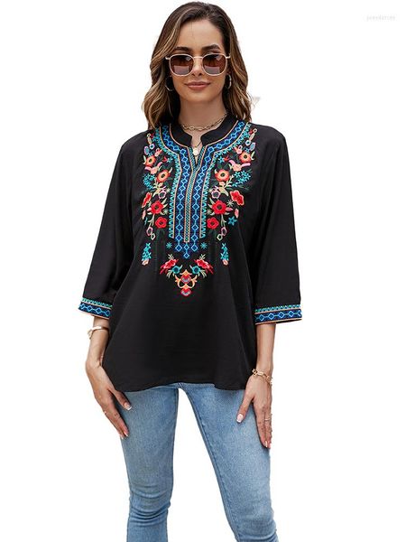 Damenblusen KHALEE YOSE Blumenstickerei Bluse Shirt Boho Vintage Sommer Frühling Mexikanische Frauen Langarm 2XL 3XL Ethnisches Top