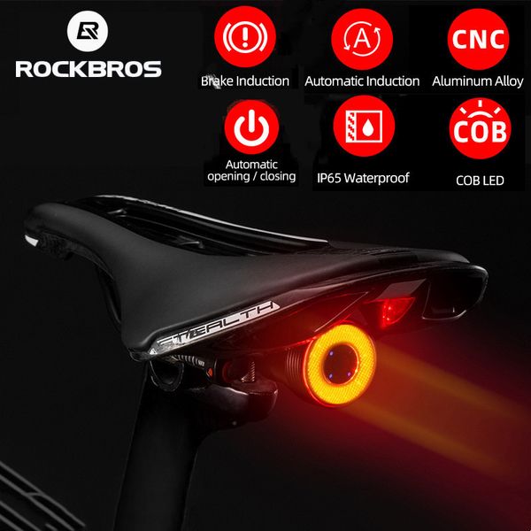 Luzes de bicicleta ROCKBROS luz LED IPx6 à prova d'água Carregamento USB Lanterna traseira Ciclismo Q5 Lanterna Auto Brake Sensing Traseira inteligente 230619