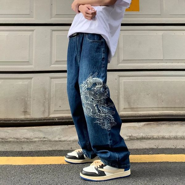 Erkek kot retro sokak kıyafeti ejderha nakış düz bol pantolonlar erkek harajuku trend pantolon geniş bacak gevşek büyük boylu hip hop 230619