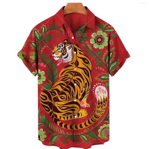 Camisas casuais masculinas 2023 manga curta camisa havaiana masculina cor tigre impressão cardigã chinês plus size roupas de verão