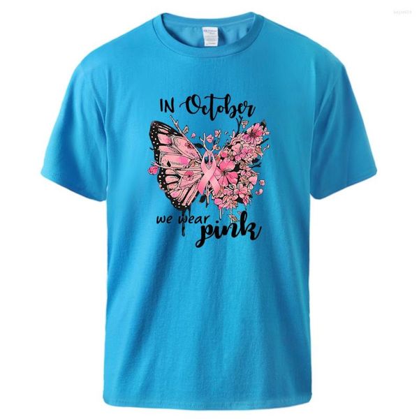 Camisetas masculinas em outubro, usamos fita rosa com flores de borboleta, camiseta masculina com decote retrô, camiseta retrô respirável, macia, solta, curta, de algodão