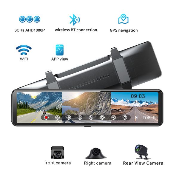 DVR per auto da 11,26 pollici 3 telecamere HD 1080P Car Dash Cam S33 Videoregistratore per specchietto retrovisore Connessione BT wireless 2.5K Registrazione DVR