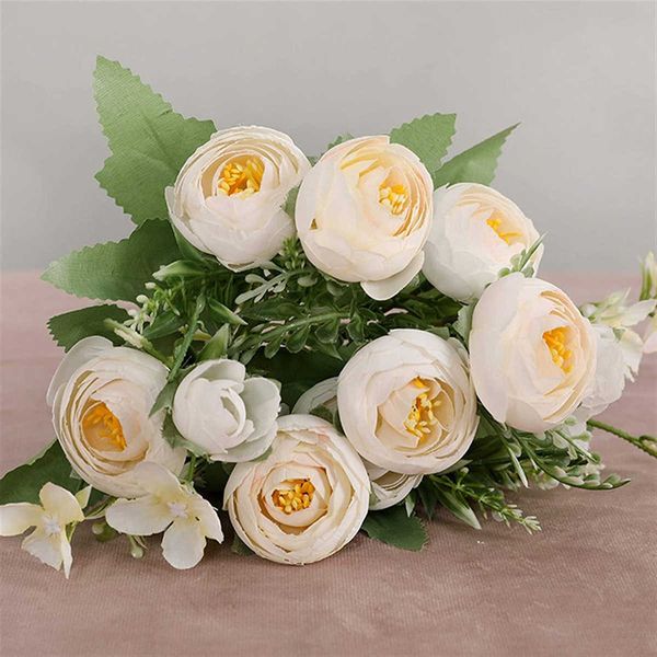 Bouquet di fiori secchi Peonia artificiale Tea Rose Camelia Seta Fiori finti Flores per la decorazione di nozze del giardino domestico fai da te