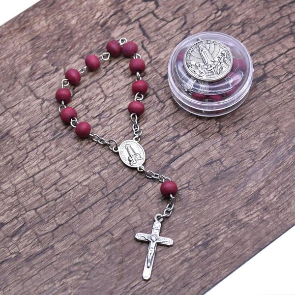 Braccialetti con ciondoli Cattolici Classici Perline di legno Rosario Profumo Bracciale con croce benedetta con scatola dei gioielli della Vergine Maria