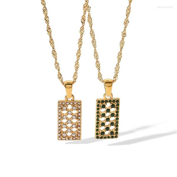 Anhänger-Halsketten Youthway Texture Shiny Green Cubic Zirconia Stainless Steel Necklace Checkerboard Style Metal Waterproof Jewelry Women