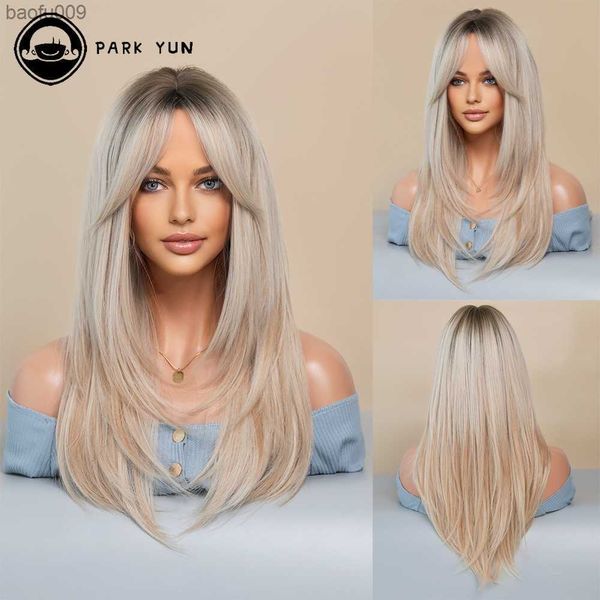 Parrucche lunghe bionde per donna Parrucca sintetica per capelli con frangia Colore ombre con radici scure Parrucche a strati Capelli finti resistenti al calore L230520