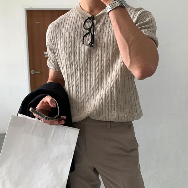 Мужские рубашки T 2023 Премиум -ножничная футболка повседневная корейская уличная одежда хаки с коротким рукавом тонкий твердый цвет O