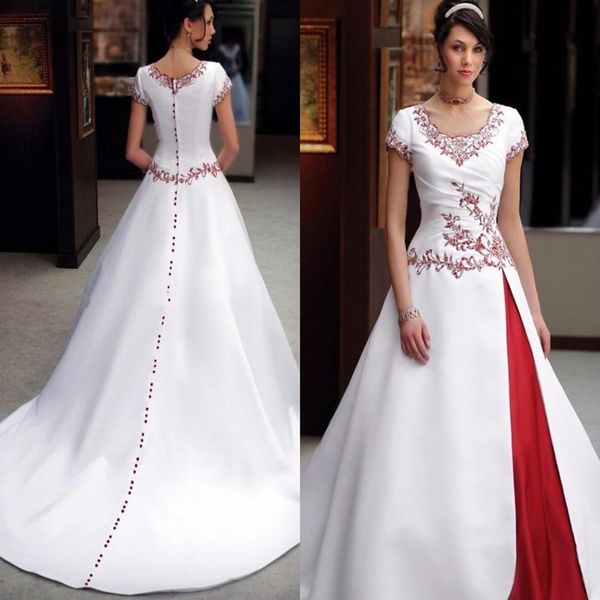 Винтажные белые и красные свадебные платья 2022 Двухтонные кружевные кнопки вышивки крышка рукав платье невесты vestidos de novia2594
