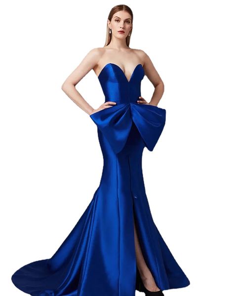 Tony Ward Royal Blue Mermaid Abiti da sera Sweetheart Bow Satin Split Prom Gowns Plus Size Abito per occasioni speciali