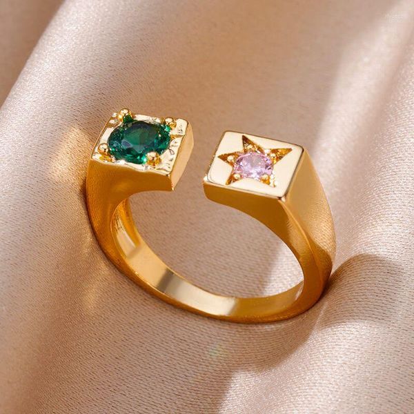 Anéis de casamento rosa zircão estrela em forma de U para mulheres ouro cor aço inoxidável anel de abertura noivado jóias estéticas presente 2023