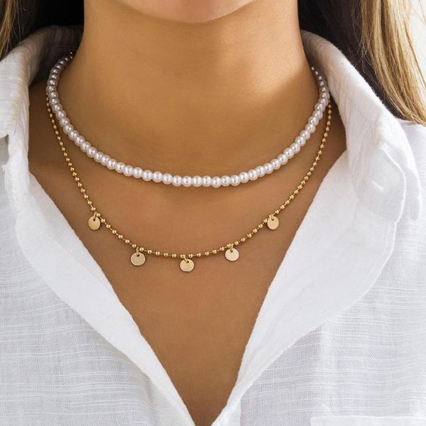 Collane con ciondolo Collana di paillettes tonda con catena di perle di metallo color oro di moda per regalo di gioielli di perle artificiali femminili vintage da donna