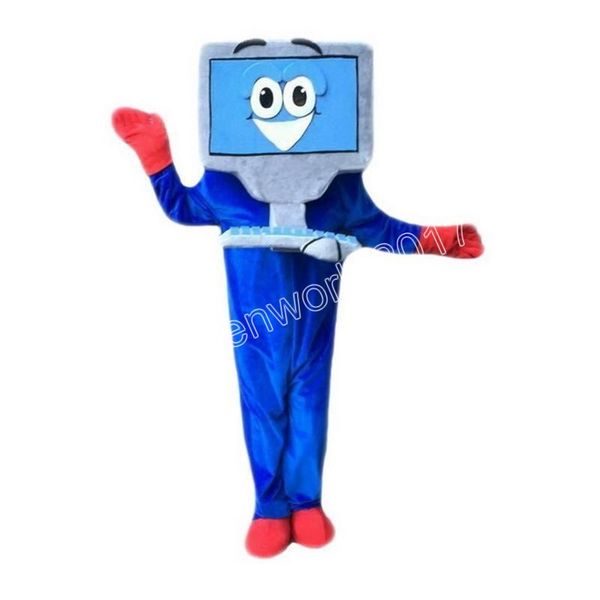 Performance Blue Computer Mascot Costume Simulazione Personaggio dei cartoni animati Vestito completo Carnevale Adulti Festa di compleanno Vestito operato per uomo Donna