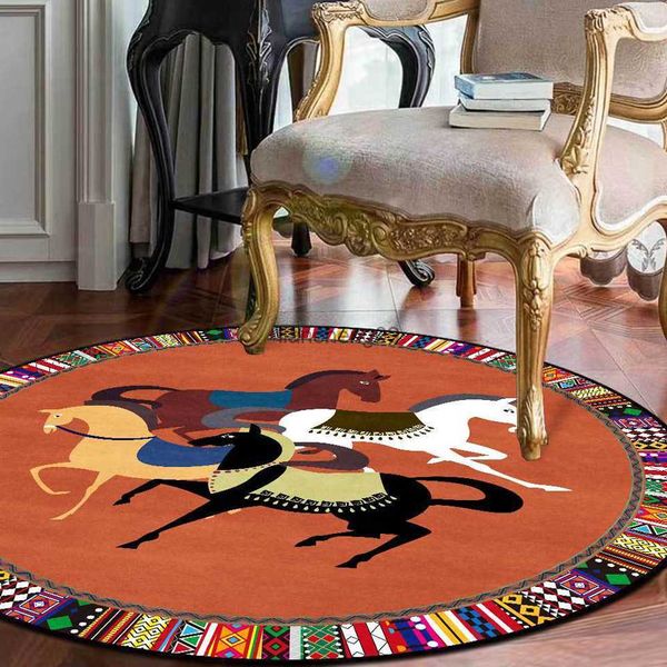 Tapete redondo cavalo impressão 3D tapetes para sala de estar luxo moldura étnica preto azul laranja quarto cabeceira sofá cadeira tapete antiderrapante L230619